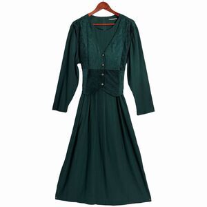 VTG 80s Miss Dorby Green Maxi Long Sleeve Dress Modest Prairie Cottagecore Sz 18